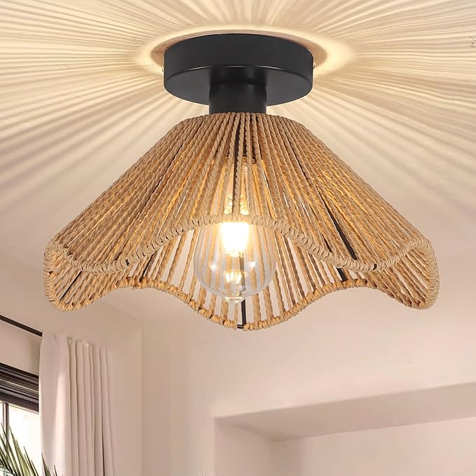 Boho Rattan Ceiling Light Fixture, Mini Rattan Chandelier Lighting Fixture, Hand Woven Ceiling Light Fixtures for Hallway Bedroom Kitchen Entryway Living Room (Light Brown)