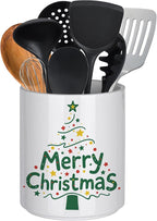 Christmas Utensil Holder Ceramic Cooking Utensil Holder for Kitchen Counter, Large Spatula Holder Glossy White Christmas Gift Kitchen Decor （6.5”H x 5.5”D）