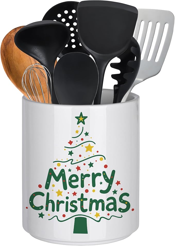 Christmas Utensil Holder Ceramic Cooking Utensil Holder for Kitchen Counter, Large Spatula Holder Glossy White Christmas Gift Kitchen Decor （6.5”H x 5.5”D）