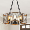 20.8'' Farmhouse Chandeliers for Dining Room, 5-Light Rustic Chandelier Wood Grain Metal Round Hanging Light Fixture, Vintage Drum Pendant Lights for Living Room, Bedroom, Kitchen, Entryway