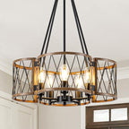 20.8'' Farmhouse Chandeliers for Dining Room, 5-Light Rustic Chandelier Wood Grain Metal Round Hanging Light Fixture, Vintage Drum Pendant Lights for Living Room, Bedroom, Kitchen, Entryway