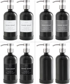 16oz Glass Soap Dispenser with Stainless Steel Pump, 21 Waterproof Labels, Non-Slip Protective Silicone Pad, Set of 2 for Bathroom & Kitchen (Gloss Black Bottle/Brushed Silver Pump)
