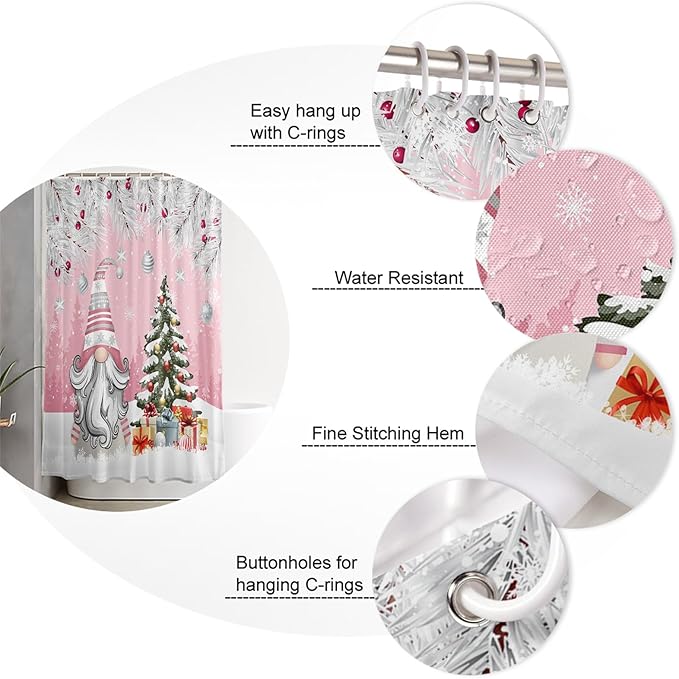 Vandarllin Christmas Gnome Shower Curtain, Winter Merry Christmas Tree Balls Shower Curtains Set with Hooks, Pink Waterproof Fabric Bathroom Curtains Decor Home Accessories, Stall Long 54 X 78 Inch