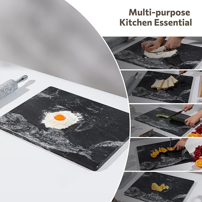 Natural Black Marble Cutting Board For Kitchen, 16 x 20 Inch Marble Slab Granite Cutting Board With Non-Slip Feet For Baking, Cheese, Chocolate, Black White Veins