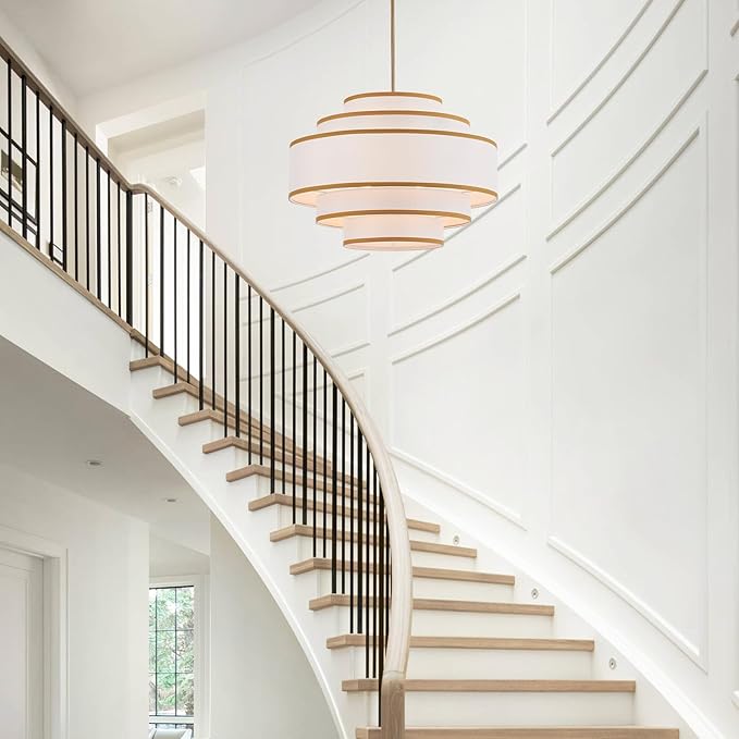 25.6" Gold Drum Chandelier with White Linen Lampshade 6-Light Modern Farmhouse Chandelier Light Fixture for Living Room, Dining Room, Kitchen Island, Entryway, Stairway