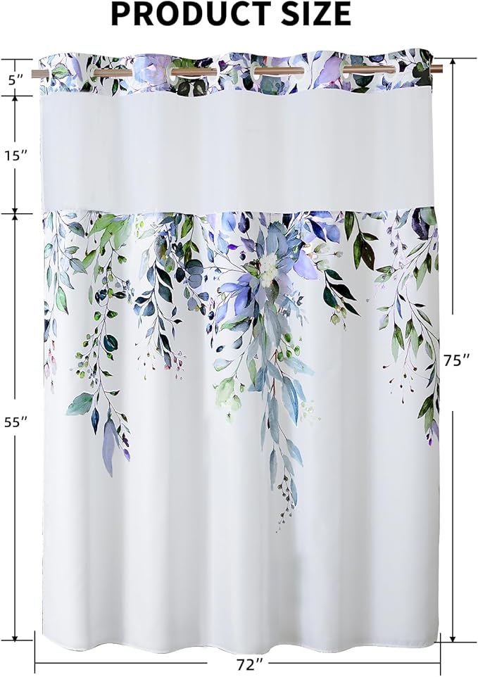 QiyI No Hook Shower Curtain with Snap in Fabric Liner, Green Eucalyptus Shower Curtain with See Through Top Window, Waterproof Washable Cloth Ringless Shower Curtain Set for Bathroom, 72 x 75