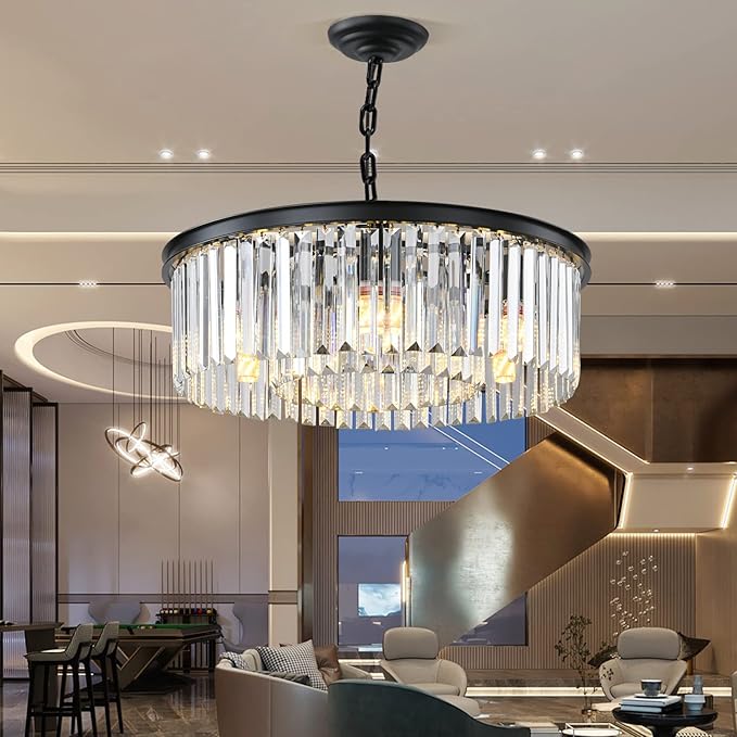 Black Modern Crystal Chandelier, 2-Tier Round Flush Mount Ceiling Light Fixtures Height Adjustable Pendant Lighting for Dining Room Living Room Bedroom Kitchen Hotel Foyer