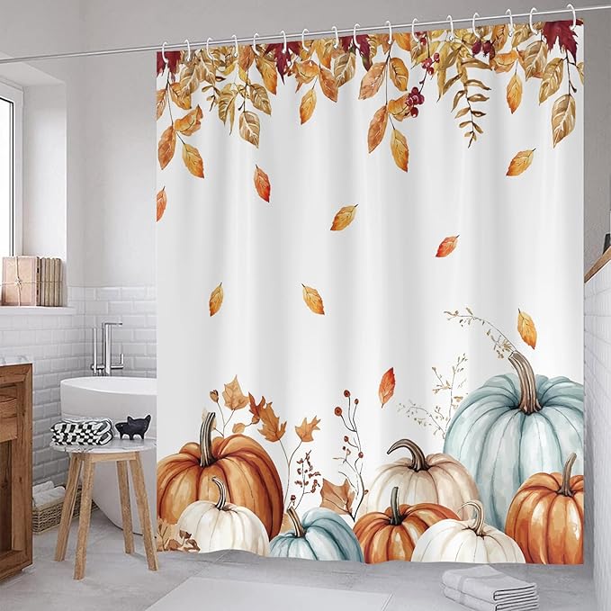 Fall Pumpkin Shower Curtain Autumn Leaves Harvest Thanksgiving Shower Curtains for Bathroom Waterproof Polyester Fabric Bathroom Curtain 72 x 72 Inch with 12 Hooks