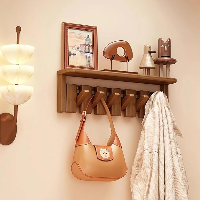 Wall Mounted Piano Key Hanger | Flip Style Hook | Entrance Wall Art Hook, Made of Oak Wood (3 Times Painted, 4 Times Polished) (Tray Walnut, 6Hooks)