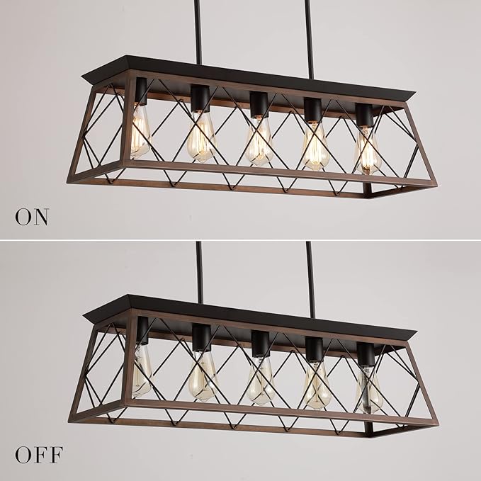 Q&S Farmhouse Rustic Chandelier Light Fixtures Bronze 5 Lights Linear Rectangular Chandelier Pendant Light Fixtures for Dining Room Kitchen Island Pool Bar Office Living Room Entryway UL Listed