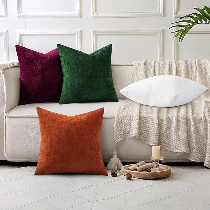 decorUhome Chenille Christmas Green Throw Pillow Covers 26x26 Inch Set of 2, Decorative Soft Couch Pillow Covers Solid Dyed Accent Velvet Farmhouse Neutral Square Pillow Cases for Sofa Bed Living Room