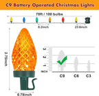 Brightever C9 Battery Operated Christmas Lights, 70FT 100LED String Lights Battery Powered with Timer & 8 Lighting Modes, Indoor Outdoor Christmas Light for Patio Garden Decoration, Multicolor, 1-Pack