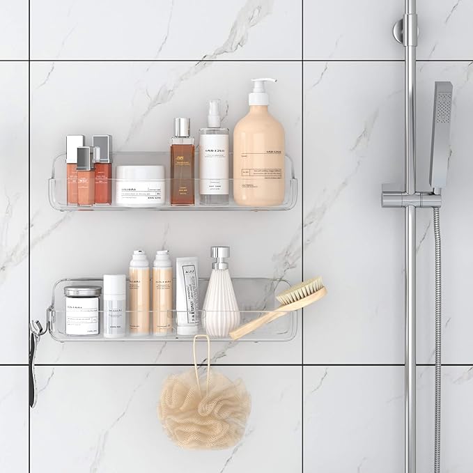 TZAMLI Shower Caddy Bathroom Shelves, No Drilling Self Adhesive Shelf Plastic Clear Shower Organizer, Wall Mounted Rack Inside Shelves for Bathroom Kitchen Storage