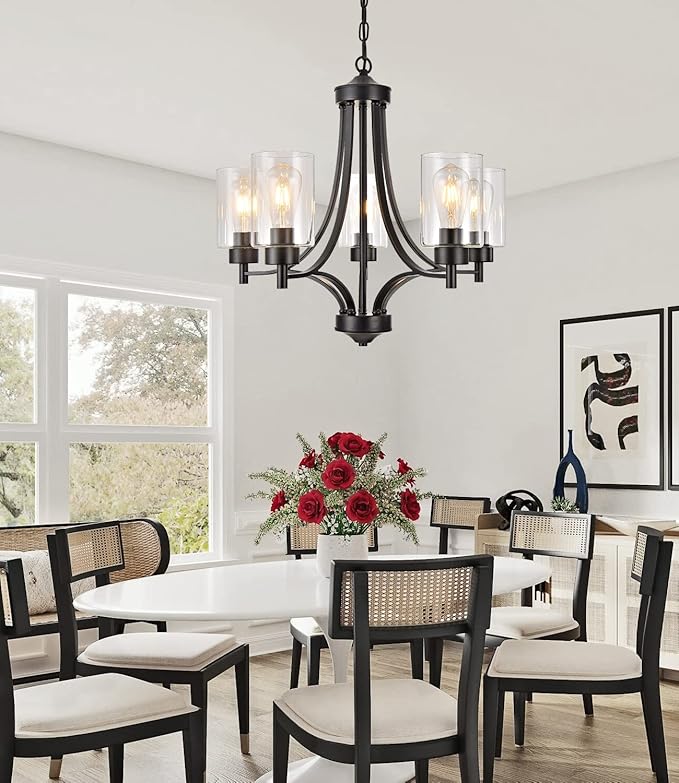 Contemporary Black Chandelier 5 Lights Farmhouse Dining Room Lighting Fixtures Hanging Bedroom Chandeliers with Clear Glass Shade Ceiling Pendant Light Black Foyer Light