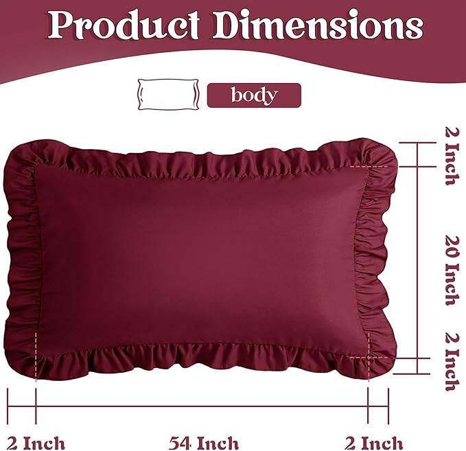 KKJIAF Ruffle Body Pillow Cases Set of 1, Ruffled Pillow Covers with Envelope Closure, Wrinkle Resistant Ruffled Long Pillow Shams 20" x 54", Burgundy