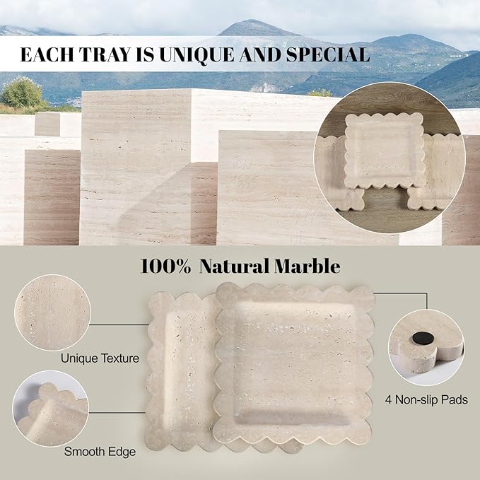 Travertine Decorative Tray, 7.8in Marble Scallop Edge Tray, Square Bathroom Trays for Jewelry Perfume, Vanity, Coffee Table, Beige Stone Trinket Dish for Woman, Dresser Décor Gift