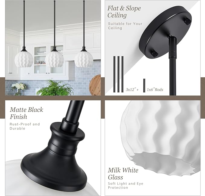 Black Pendant Lights Kitchen Island, 1-Light 7.3" Modern Milk Glass Pendant Light Fixtures with Rods, Globe Hanging Lighting for Kitchen Sink Bathroom Dining Room, E26 Base