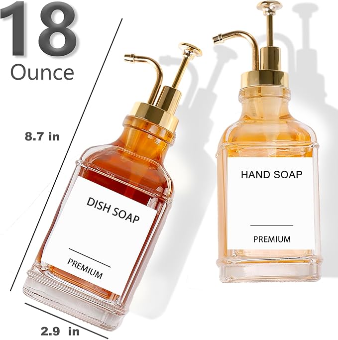 Dish Soap Dispenser for Kitchen, Hand Glass Soap Dispenser Set with Pump, Funnel for Bathroom, Shower, Laundry, Liquid, Lotion (Gold 2 Pack 18 Oz Clear Bottles with 12 Stickers)