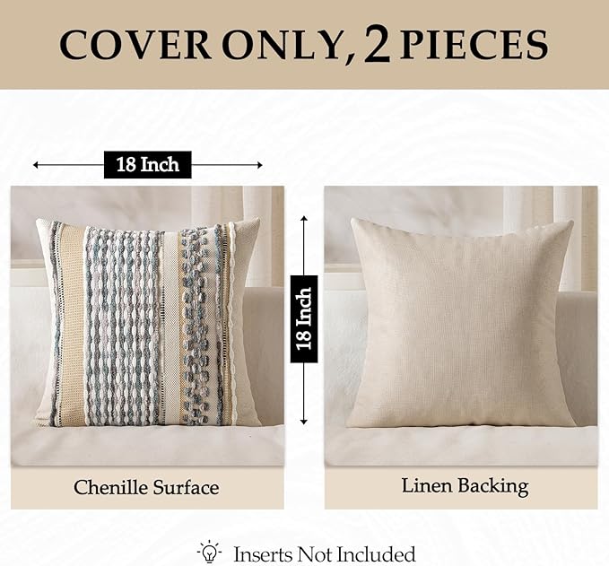 ANRODUO Pack of 2 Boho Decorative Throw Pillow Covers 18x18 Farmhouse Cushion Case Striped Chenille Pillow Cases Square Pillow Covers Accent Neutral Pillowcase for Sofa Couch Bed, Gray Blue Stripe
