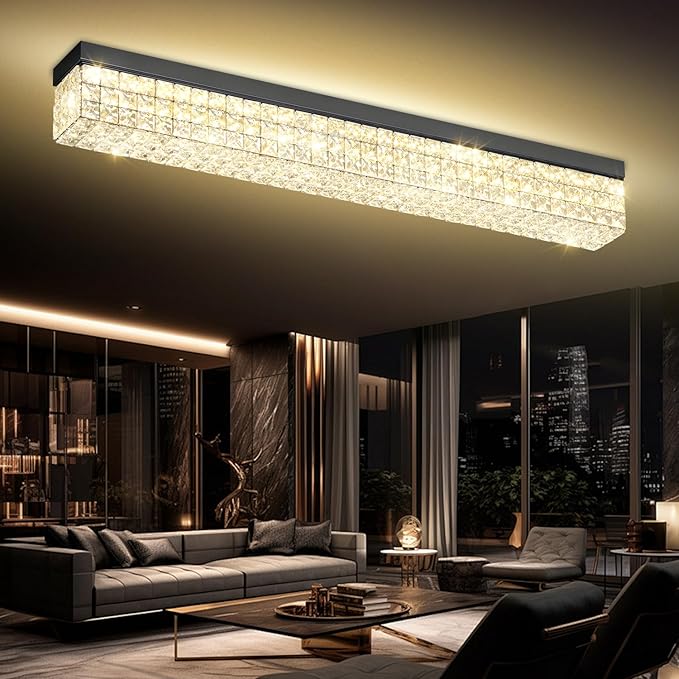 L 40" Modern Rectangle Chandelier Black Rectangular Flush Mount Chandelier Crystal Ceiling Light Fixture for Dining Living Room Kitchen Island