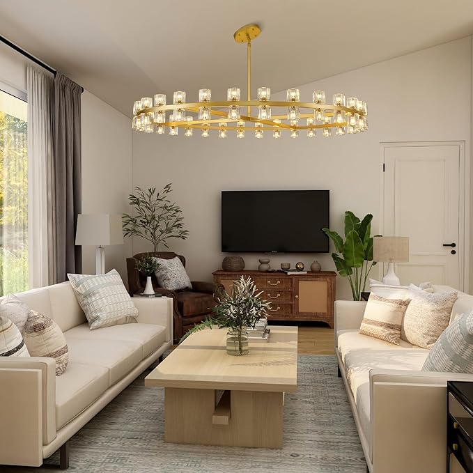 Modern 60 inch Gold Round Chandelier, Extra Large Chandeliers Crystal Chandeliers for Living Room, Large Wagon Wheel Chandelier for Foyer, Staircase, Entrance,Includes Bulb