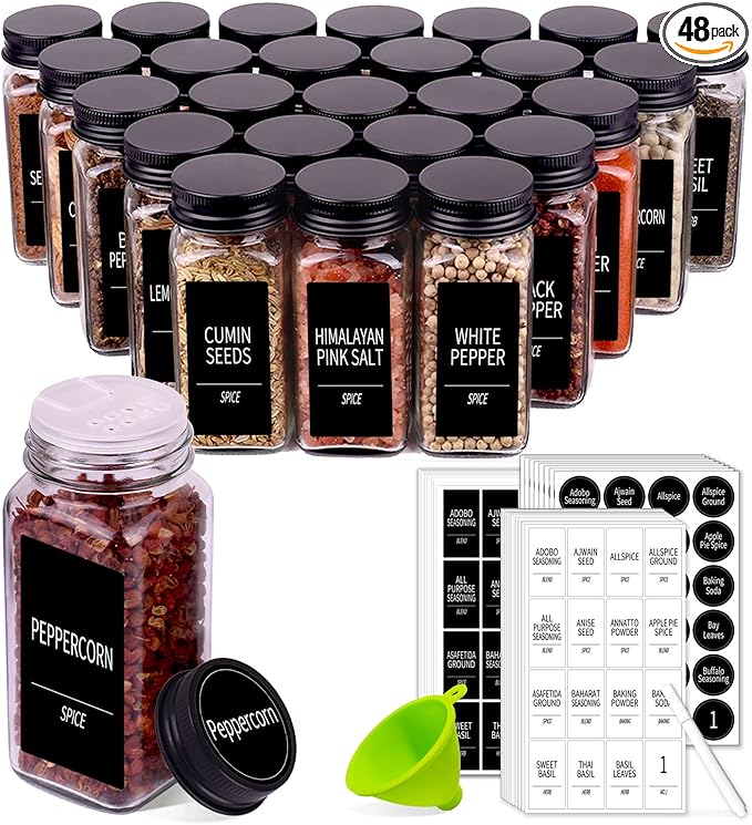 Churboro 48 Spice Jars with 547 Labels- Glass Spice Jars with Black Metal Caps, 4oz Empty Spice Containers with Shaker Lids, Funnel, Chalk Pen, Square Seasoning Bottles for Spice Rack, Drawer, Cabinet