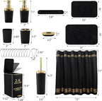 Bathroom Sets with Shower Curtain and Rugs Black Bathroom Accessories Bathroom Set,Soap Dispenser & Toilet Brush Holder Set with Stainless Steel Trash Can