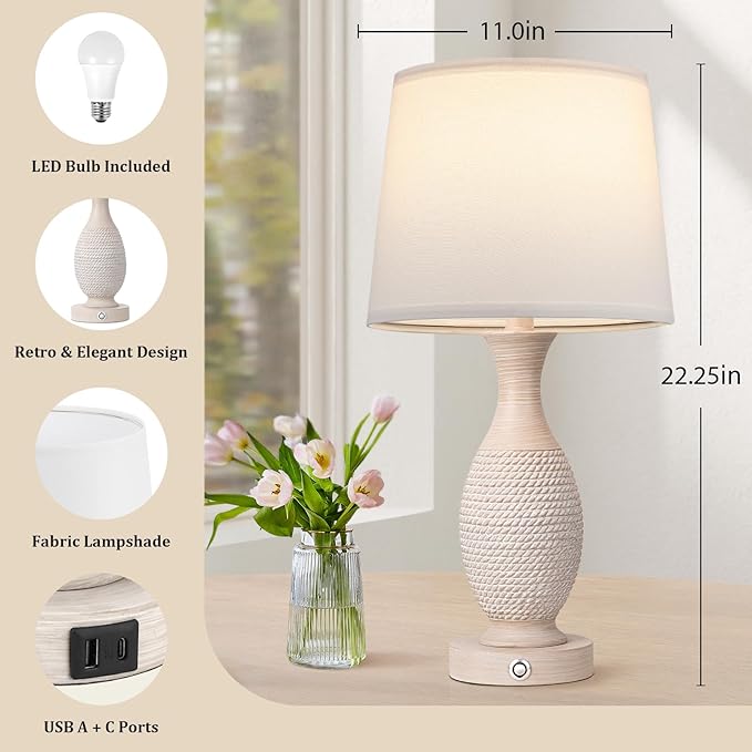 Seealle 22.2" Bedside Lamps Set of 2 with USB C+A - Dimmable Touch Lamps for Night Stands Bedroom Living Room End Table(Bulbs Included)