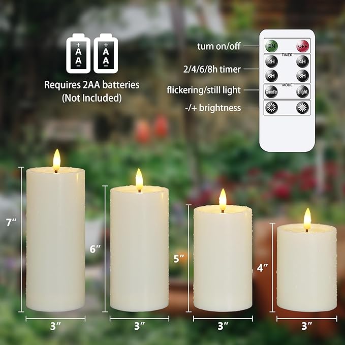 Waterproof Flickering Auto Timer Ivory Plastic Flameless Candles with Candle Grease, 3" x4" 5" 6" 7" Outdoor LED Long Lasting Battery Operated Remote Control Pillar Candles, Pack of 4