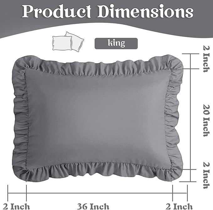 KKJIAF Ruffle Pillow Cases King Size Set of 2, Ruffled Pillow Covers with Envelope Closure, Wrinkle Resistant Ruffled Pillow Shams 20" x 36", Grey