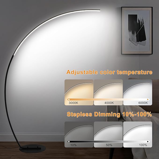 67in Dimmable LED Arc Floor lamp with 3 Color Temperatures, Modern Floor Lamps for Living Room, Standing Tall Lamp with Remote Control Reading Ambient Lighting for Bedroom Office Living Room