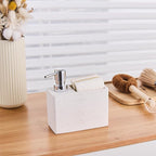 White Travertine Soap Dispenser with Sponge & Brush Holder – Hand & Dish Resin Soap Pump Bottle for Kitchen & Bathroom, 2-in-1 Countertop Organizer, with 2 Natural Sponges (Luxury Home Decor)