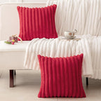 MOSAYT Christmas Faux Fur Throw Pillow Covers 18x18, Set of 2, Plush Velvet Soft Pillow Case,Fluffy Striped Decorative Couch Pillow Covers for Sofa, Bedroom, Living Room(Red)