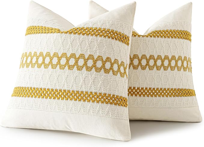 MIULEE Set of 2 Mustard Yellow Boho Decorative Pillow Covers 16x16 Inch Farmhouse Rustic Couch Throw Pillows Modern Cotton Cushion Covers Retro Cute Macrame Woven Home Decor for Bed Sofa Chair