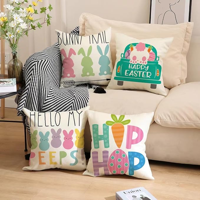 Easter Decor-Throw Pillow Covers 18x18in Set of 4,Spring Linen Pillow Case with Bunny and Egg for Large Couch Sofa Home Indoor Outdoor Holiday Home Decorations