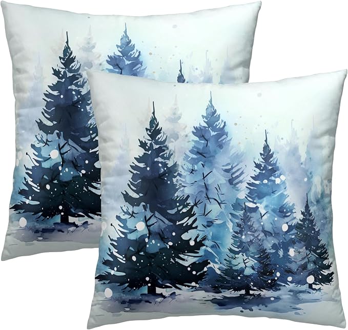 Christmas Trees Throw Pillow Covers 16x16 Set of 2, Winter Snowy Blue Tree Woods Nature Forest Decorative Pillow Cases Cotton Cushion Cover for Couch Sofa Farmhouse Home Decor