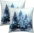 Watercolor Blue Tree Pillow Cover 20x20 Inch Set of 2, Rustic Winter Pine Forest Woodland Pillow Cotton Square Cushion Case for Sofa Couch Car Bedroom Living Room Decor