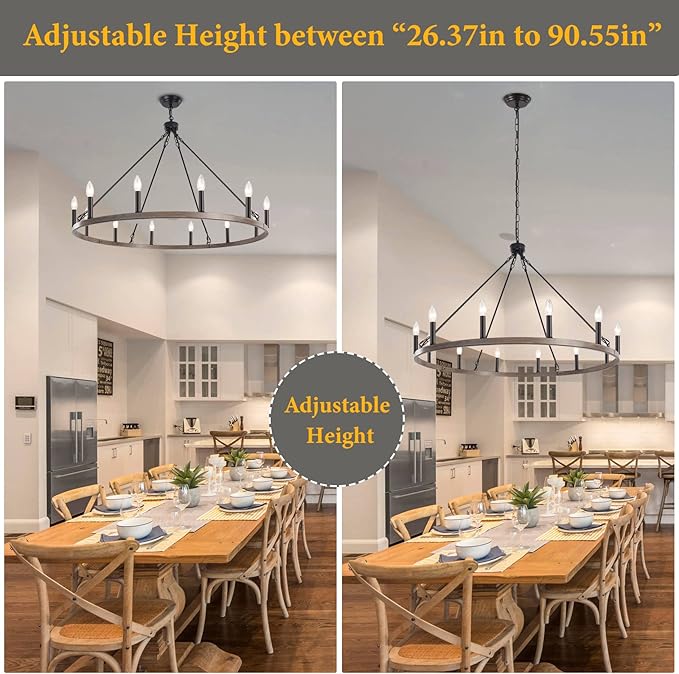 12-Light Black Wagon Wheel Chandelier, 38''Rustic Farmhouse Chandelier,Round Hanging Ceiling Pendant Light Fixture,for Kitchen Island Living Dining Room Bedroom Hallway Entryway Foyer