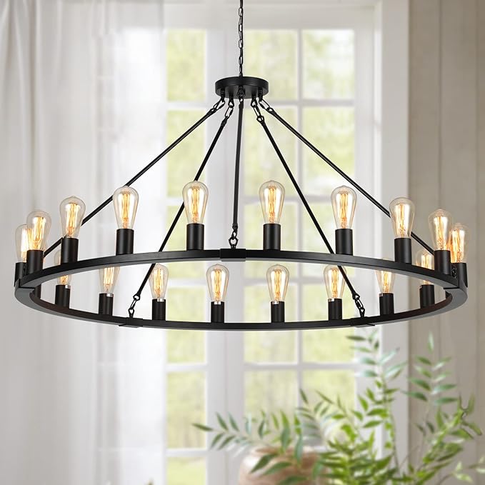Wagon Wheel Chandelier, Large Black Farmhouse Chandelier for Dining Room Light Fixture, 20-Light 48 Inch Extra Hanging Lighting for High Ceilings Living Room Kitchen Island Foyer Villa