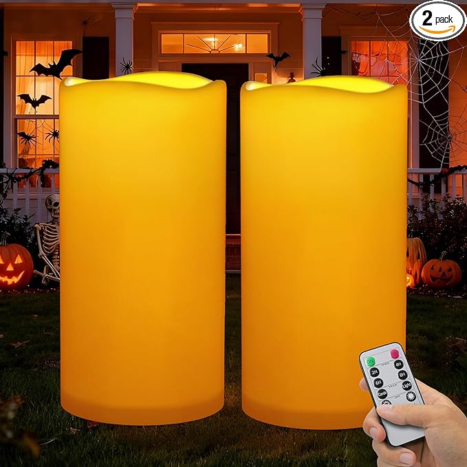 Outdoor Flameless Candles Waterproof: 6" x 12" Extra Large LED Battery Operated Flickering Pillar Candles with Timer Remote Control Fake Plastic Tall Electric Candles for Porch Lanterns, Set of 2