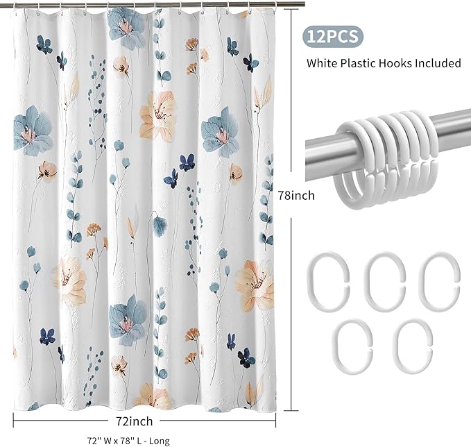 QiyI Long Shower Curtain 72 x 78, Modern Watercolor Floral Shower Curtain, 3D Embossed Textured Beige Flower Cloth Bathroom Curtain, Waterproof Fabric Rustic Farmhouse Shower Curtain Set with Hooks