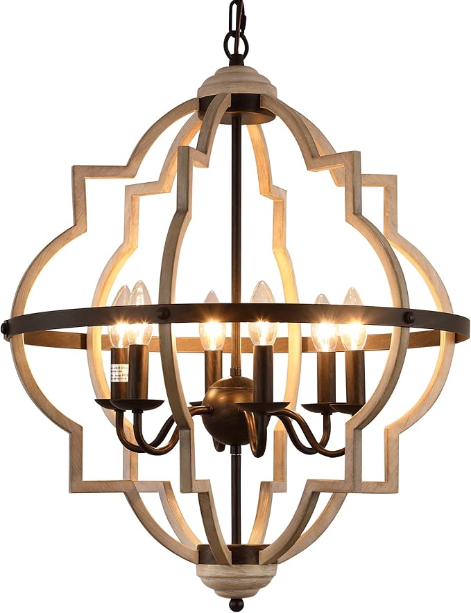 Q&S Rustic Antique Orb Chandelier Farmhouse Vintage 6-Lights Oak White Hanging Ceiling Light Fixtures for Foyer Dining Room Kitchen Living Room