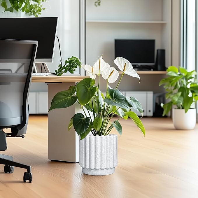 Ceramic Plant Pots - 9.6 Inch Ceramic Planters with Drainage Hole, Round Flower Pots for Indoor Plants, Modern Fluted Large Planter Outdoor, Home Room Decor, Gardening Gifts, White