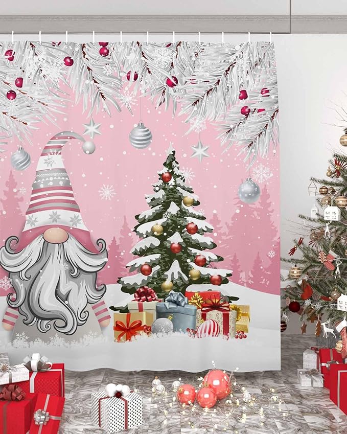 Vandarllin Christmas Gnome Shower Curtain, Winter Merry Christmas Tree Balls Shower Curtains Set with Hooks, Pink Waterproof Fabric Bathroom Curtains Decor Home Accessories, Stall Long 54 X 78 Inch
