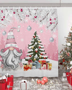 Vandarllin Christmas Gnome Shower Curtain, Winter Merry Christmas Tree Balls Shower Curtains Set with Hooks, Pink Waterproof Fabric Bathroom Curtains Decor Home Accessories, Stall Long 54 X 78 Inch