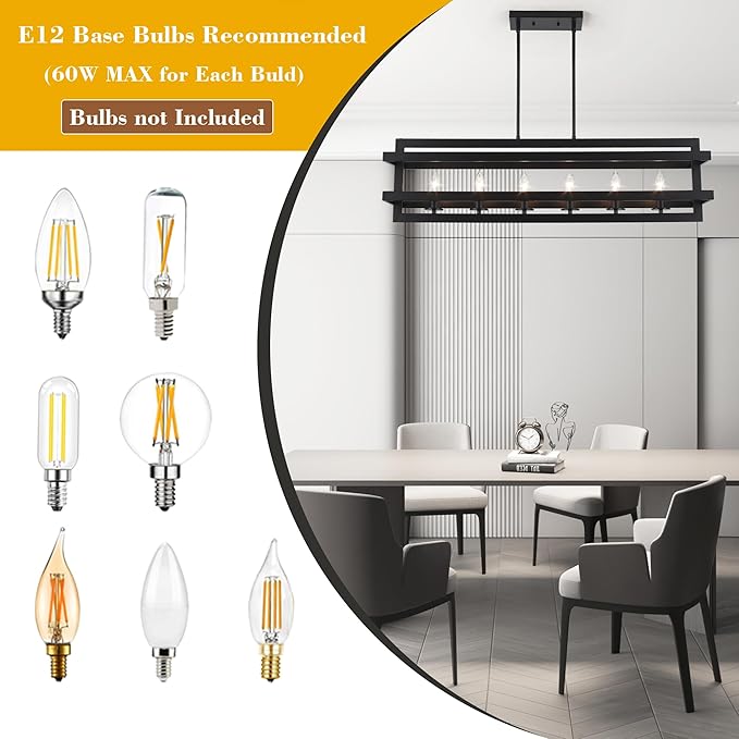 Black Chandeliers Rectangle Pendant Lights Kitchen Island Farmhouse Fixture Lights Cage 6-Lights Modern for Dining Room Living Room