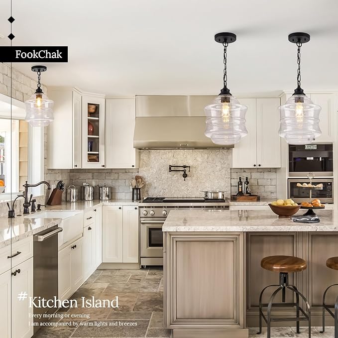 Seeded Glass Pendant Lights Black 10'' Farmhouse Ceiling Pendant Lighting Kitchen Island Large Industrial Oasis Clear Glass Island Hanging Light for Entryway Hallway Breakfast Dining Table