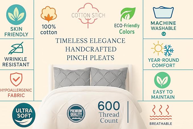 COTTON STICH Pinch Pleated Pillow Shams Set Of 2, Zipper Closure - 600 Thread Count Super Soft Pinch Pillow Shams 100% Egyptian Cotton Decorative Pinch Pleated Bed Pillow Covers Set, Silver Grey 20X36