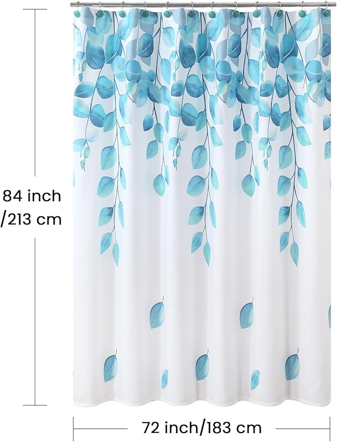 Extra Long Fabric Shower Curtain, Blue Watercolor Eucalyptus Leaves Shower Curtain for Bathroom, 72" W x 84" H