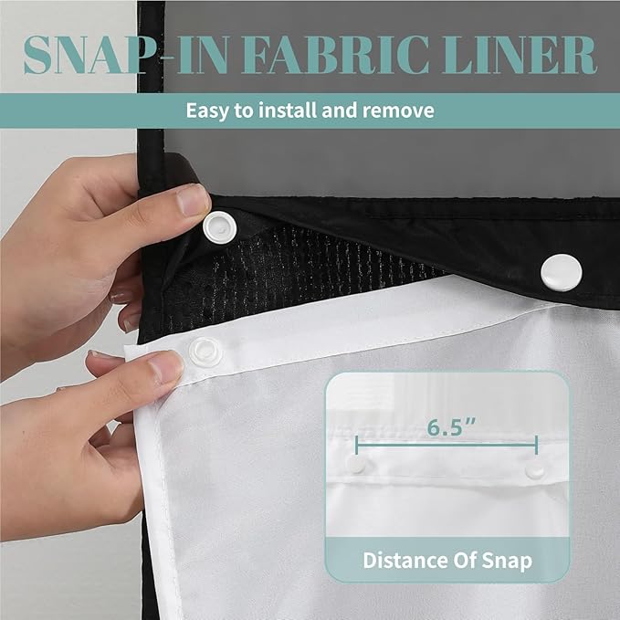 Black No Hook Waffle Weave Shower Curtain with snap-in Liner Replacement, 230GSM Waterproof Fabric Hotel Shower Curtain Set for Bathroom, Through Mesh Top Window,60Wx74H